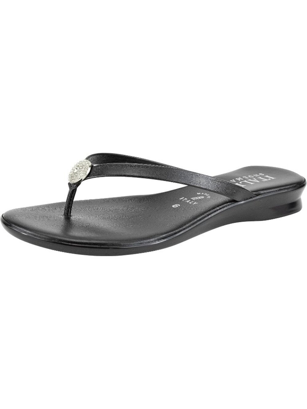 Women's Black Bethy Thin Strap Short Wedge Thong Ornamental Padded Flats Sandal